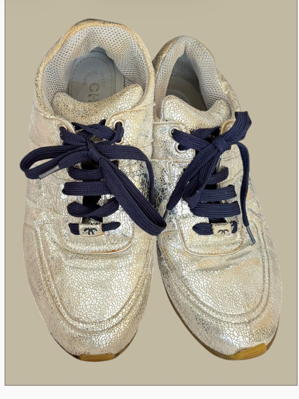 Chanel Metallic Crackled Calfskin CC Sneakers Gold & Blue